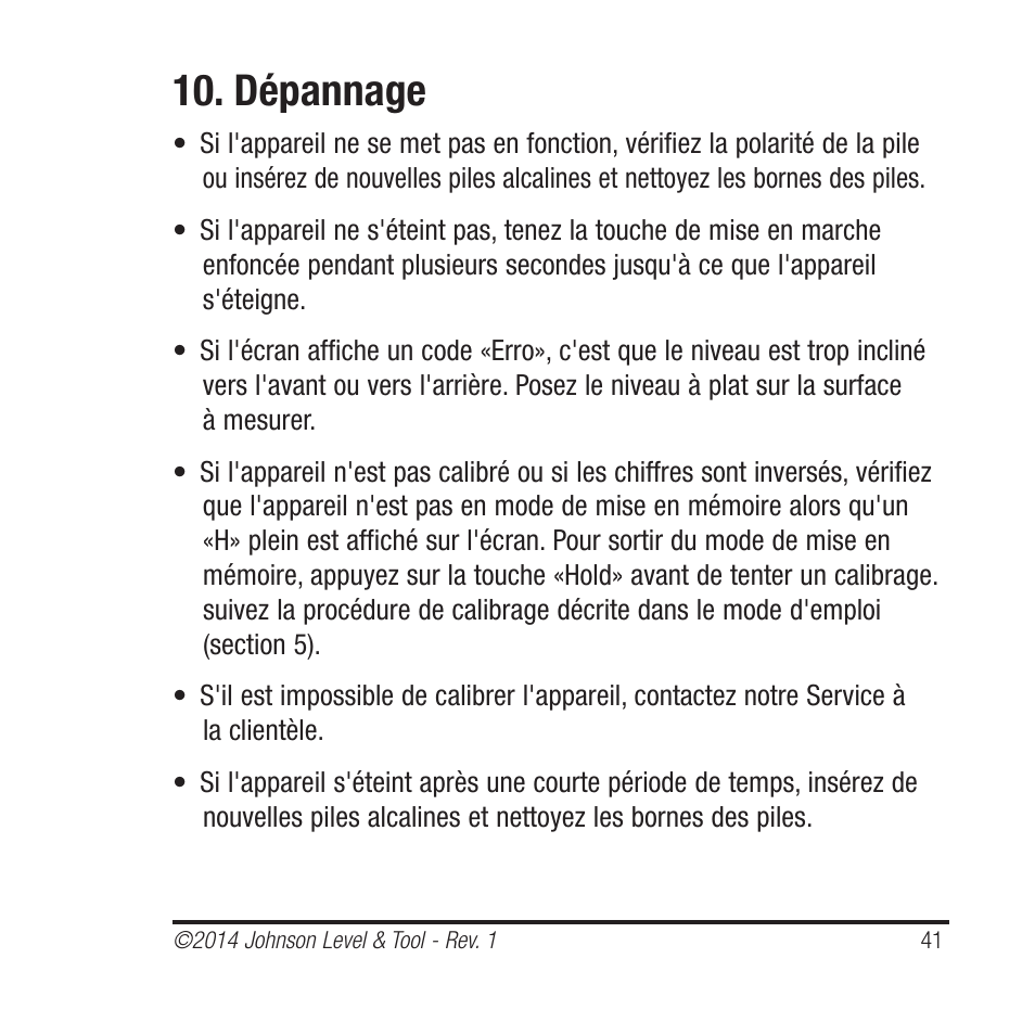 Dépannage | Johnson Level & Tool Mfg. 1455-0000 User Manual | Page 41 / 42