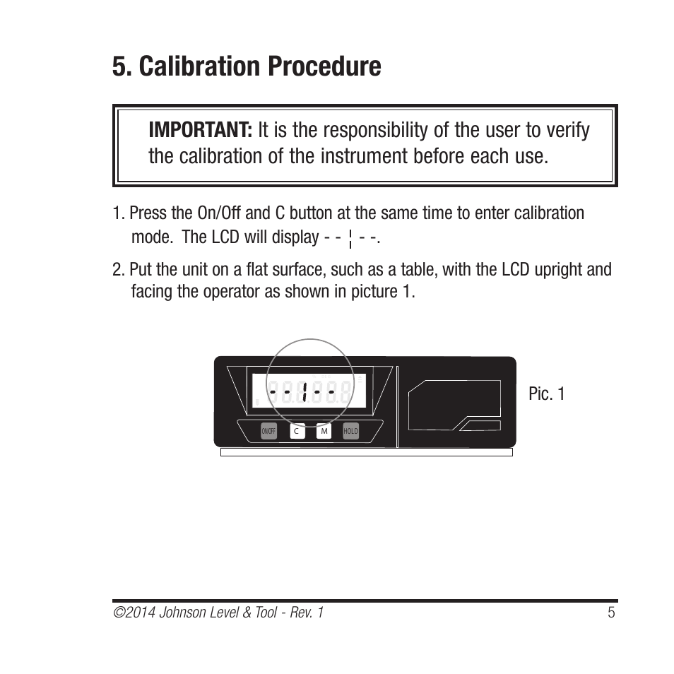 Calibration procedure, Pic. 1 | Johnson Level & Tool Mfg. 1455-0000 User Manual | Page 5 / 42