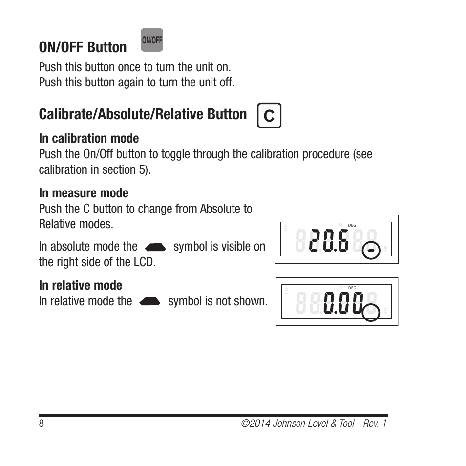On/off button, Calibrate/absolute/relative button | Johnson Level & Tool Mfg. 1455-0000 User Manual | Page 8 / 42