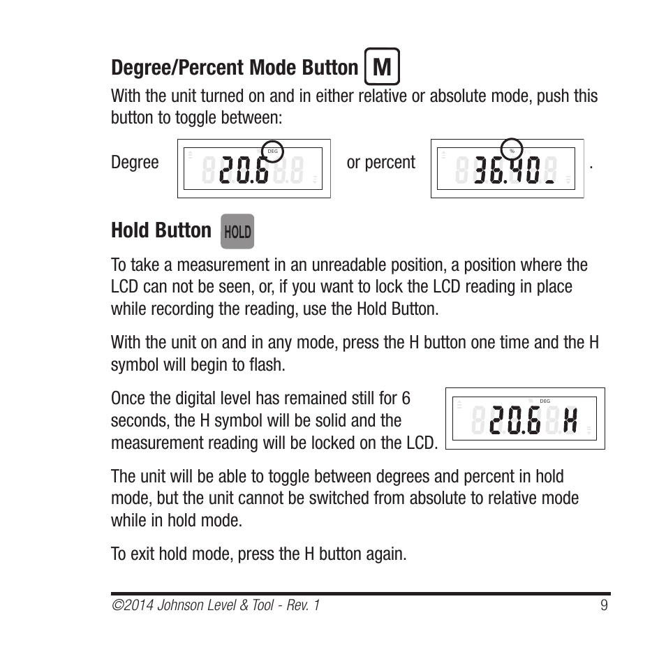 Degree/percent mode button, Hold button, Hold | Johnson Level & Tool Mfg. 1455-0000 User Manual | Page 9 / 42