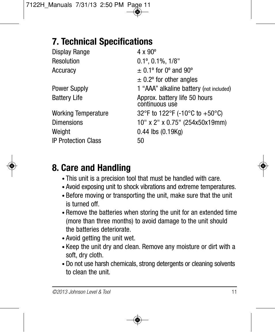 Technical specifications, Care and handling | Johnson Level & Tool Mfg. 1457-1000 User Manual | Page 11 / 12