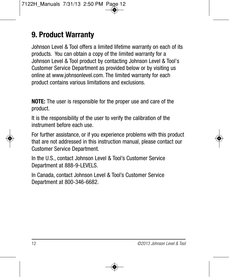Product warranty | Johnson Level & Tool Mfg. 1457-1000 User Manual | Page 12 / 12
