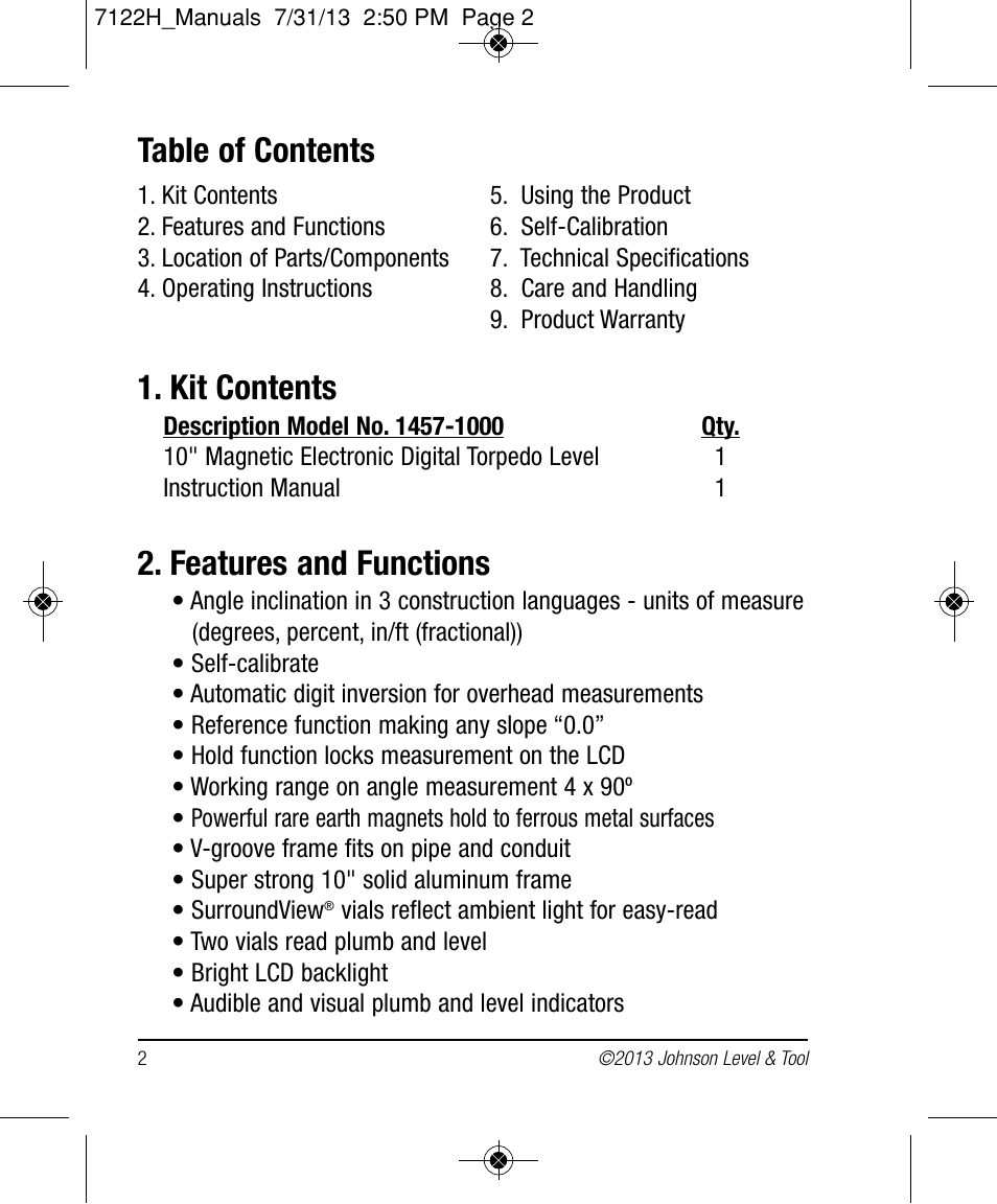 Johnson Level & Tool Mfg. 1457-1000 User Manual | Page 2 / 12