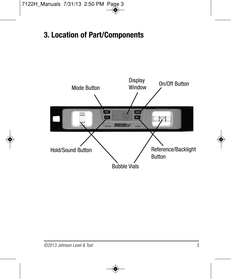 Location of part/components | Johnson Level & Tool Mfg. 1457-1000 User Manual | Page 3 / 12