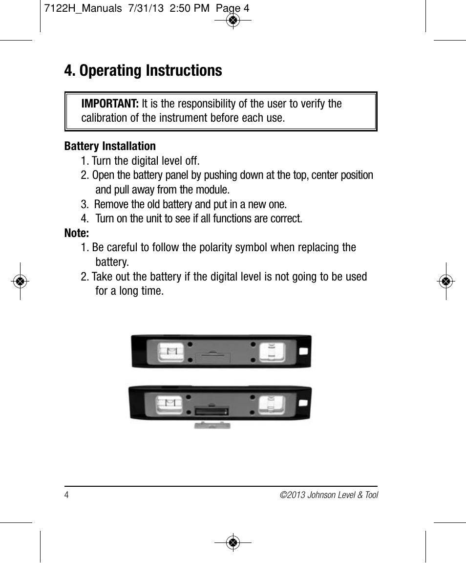 Operating instructions | Johnson Level & Tool Mfg. 1457-1000 User Manual | Page 4 / 12