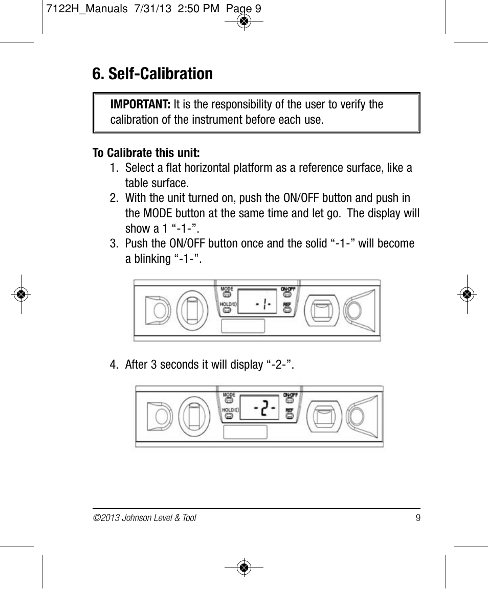 Self-calibration | Johnson Level & Tool Mfg. 1457-1000 User Manual | Page 9 / 12