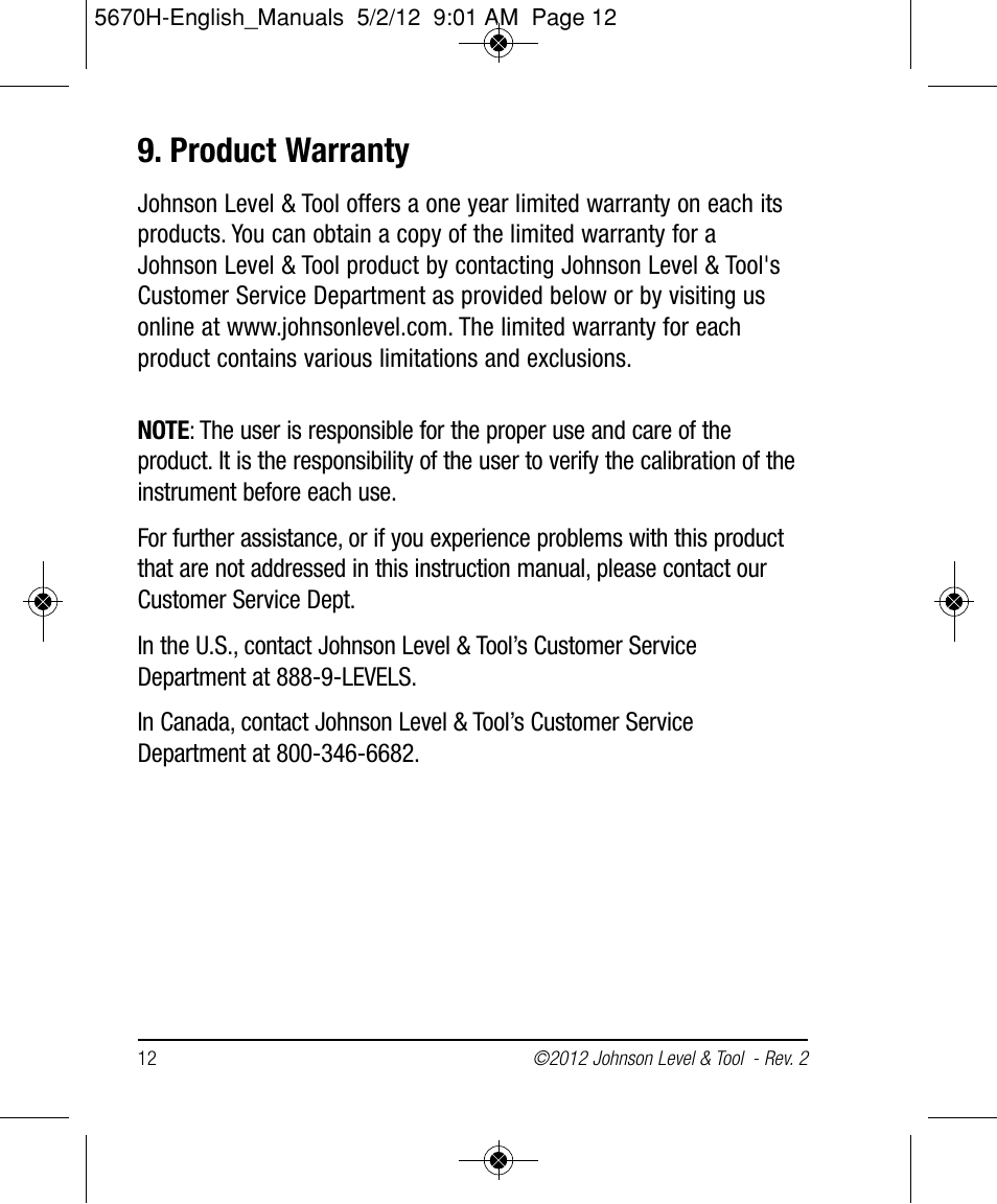 Product warranty | Johnson Level & Tool Mfg. 40-6060 User Manual | Page 12 / 12