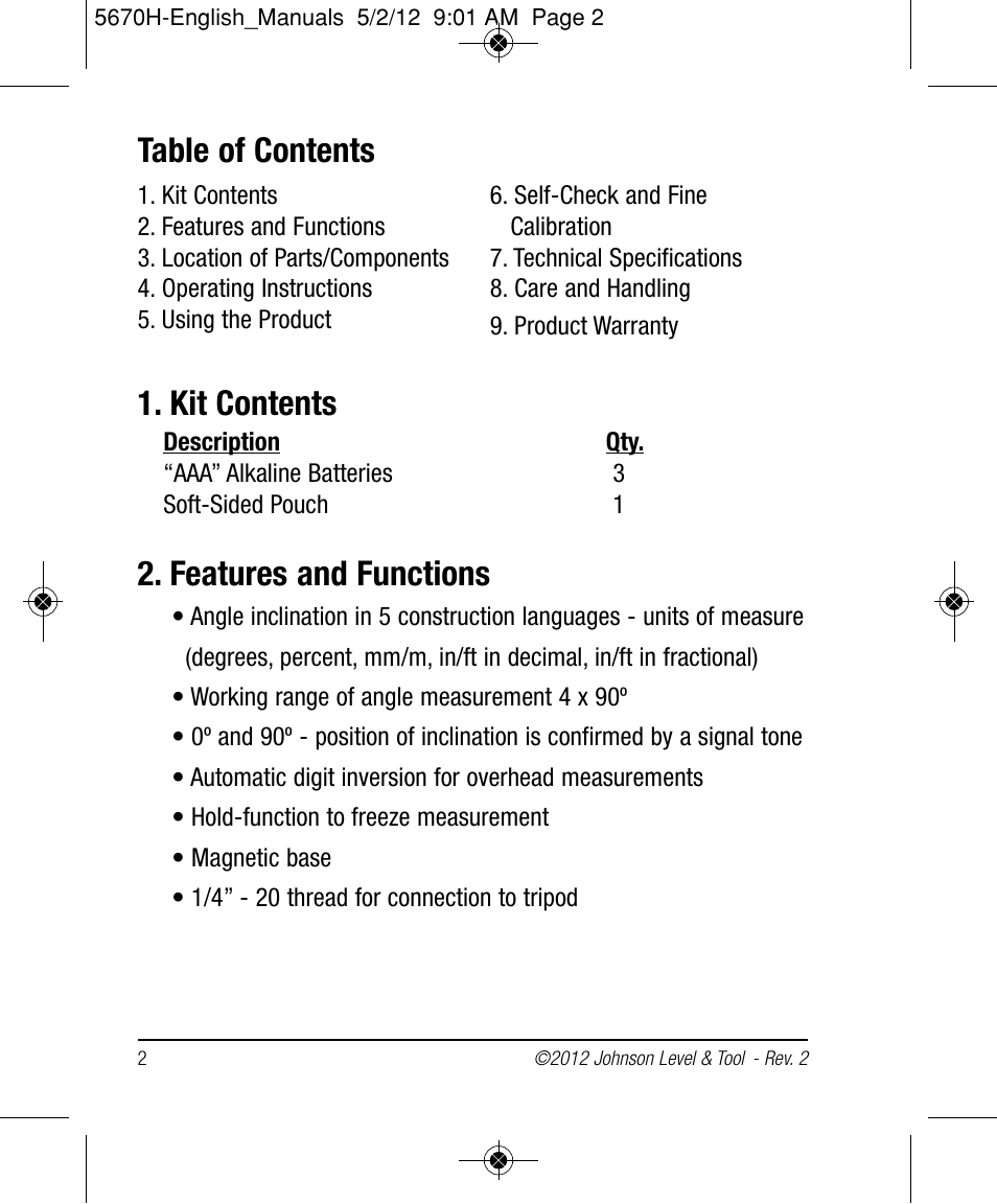 Johnson Level & Tool Mfg. 40-6060 User Manual | Page 2 / 12