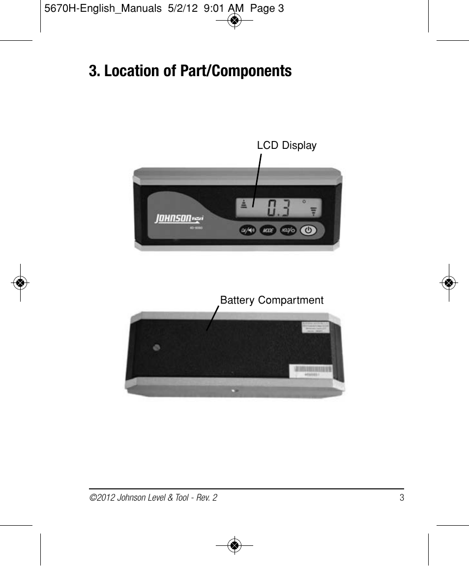 Location of part/components | Johnson Level & Tool Mfg. 40-6060 User Manual | Page 3 / 12