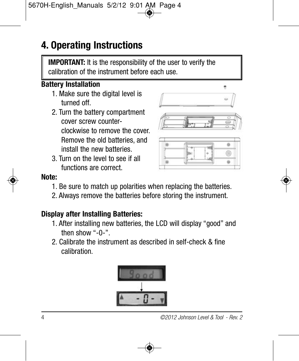 Operating instructions | Johnson Level & Tool Mfg. 40-6060 User Manual | Page 4 / 12
