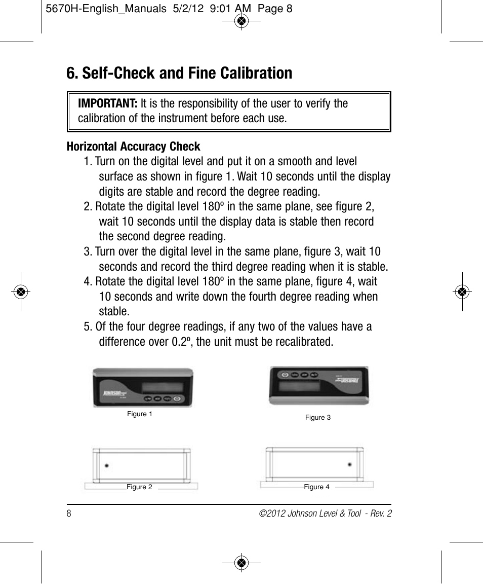 Self-check and fine calibration | Johnson Level & Tool Mfg. 40-6060 User Manual | Page 8 / 12