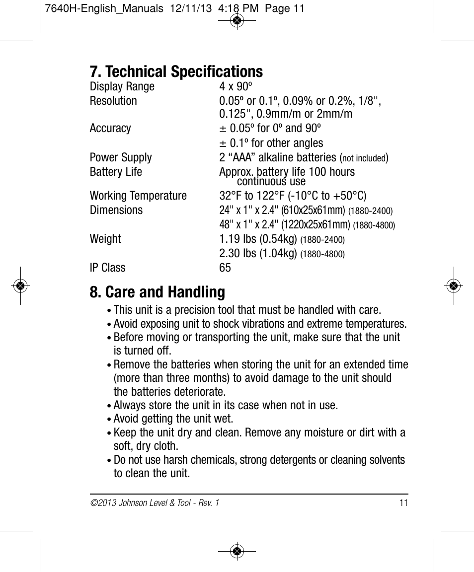 Technical specifications, Care and handling | Johnson Level & Tool Mfg. 1880-4800 User Manual | Page 11 / 12