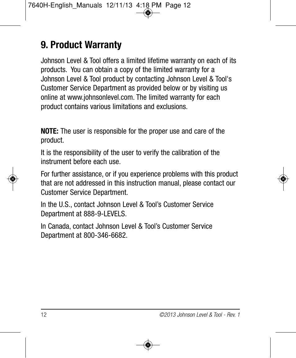Product warranty | Johnson Level & Tool Mfg. 1880-4800 User Manual | Page 12 / 12