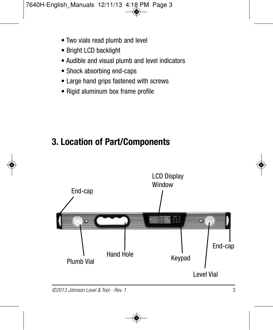 Location of part/components | Johnson Level & Tool Mfg. 1880-4800 User Manual | Page 3 / 12