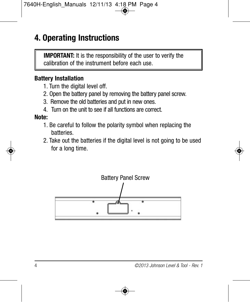 Operating instructions | Johnson Level & Tool Mfg. 1880-4800 User Manual | Page 4 / 12