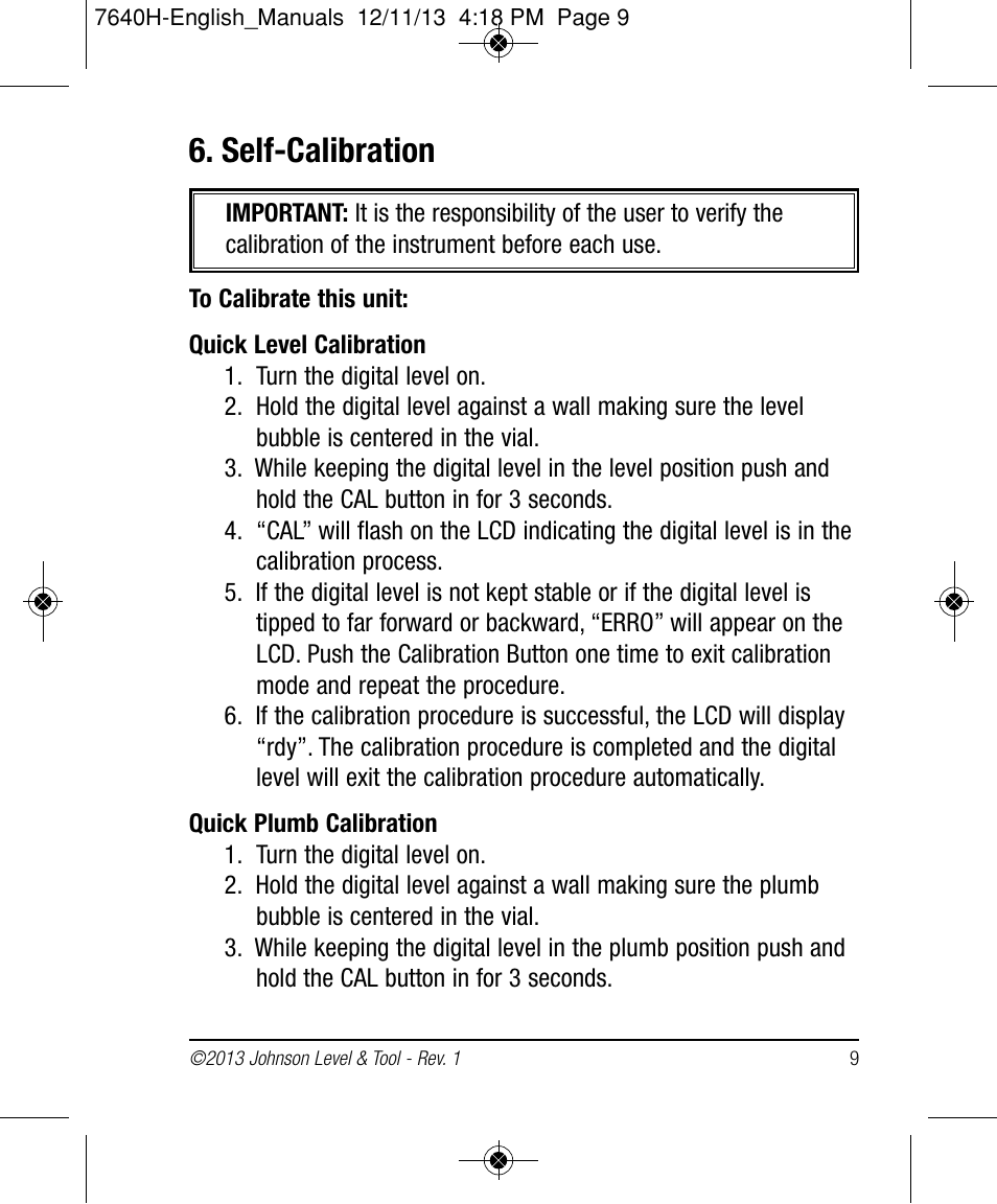 Self-calibration | Johnson Level & Tool Mfg. 1880-4800 User Manual | Page 9 / 12