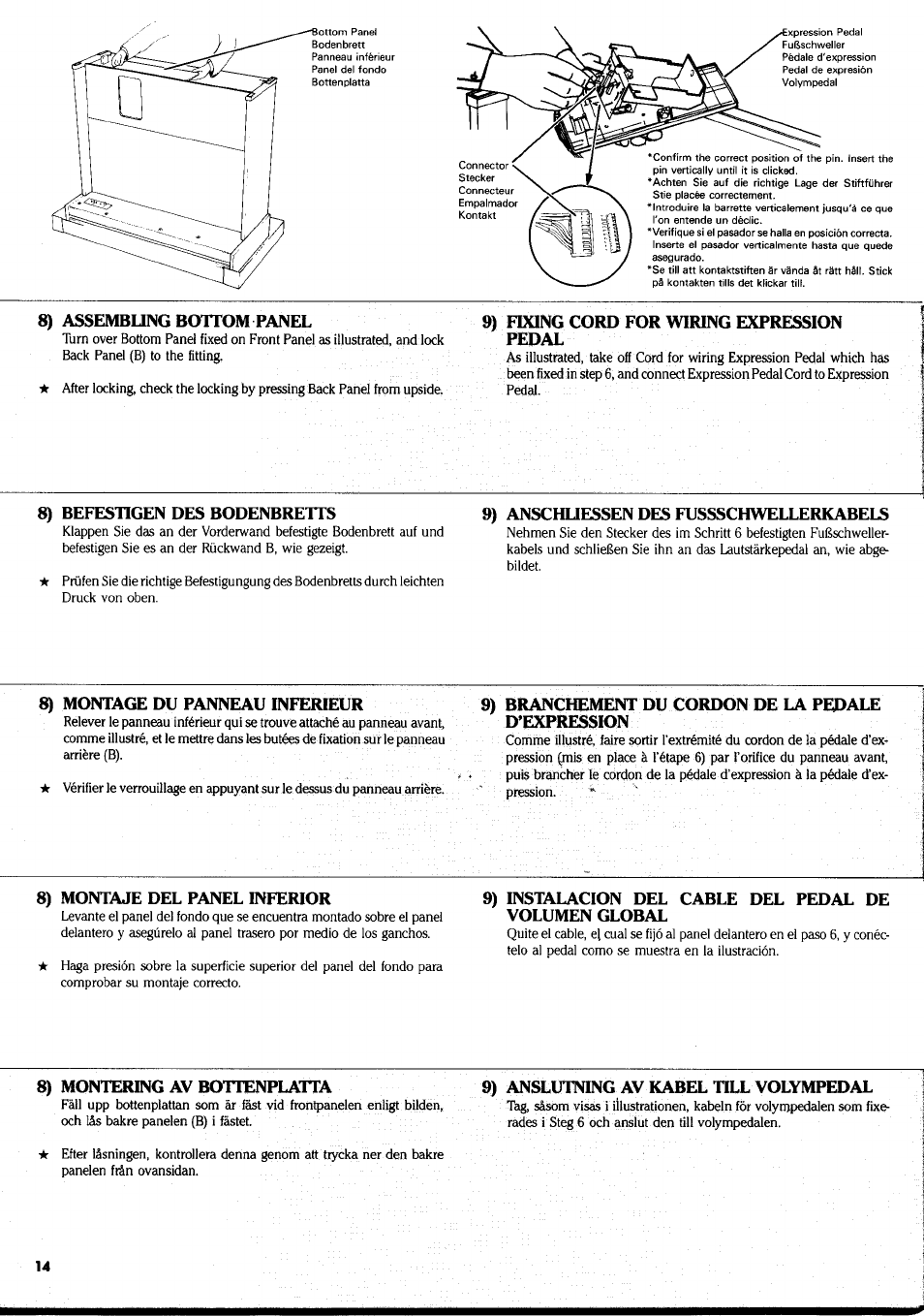 8) assembung bottom panel, 9) fixing cord for wiring expression pedal, 8) befestigen des bodenbretts | 9) anschuessen des fussschwellerkabels, Montage du panneau inferieur, 9) branchement du cordon de la pedale d’expression, 8) montaje del panel inferior, 8) montering av юtгenplatгa, 9) anslutning av kabel till volympedal | Yamaha CNR-80 User Manual | Page 16 / 20