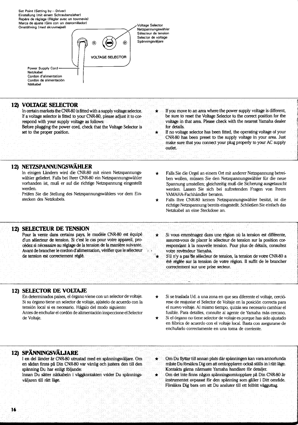 Voltage selector, Netzspannungswahler, Selecteur de tension | Selector de voltaje, 12) spänningsväuare | Yamaha CNR-80 User Manual | Page 18 / 20