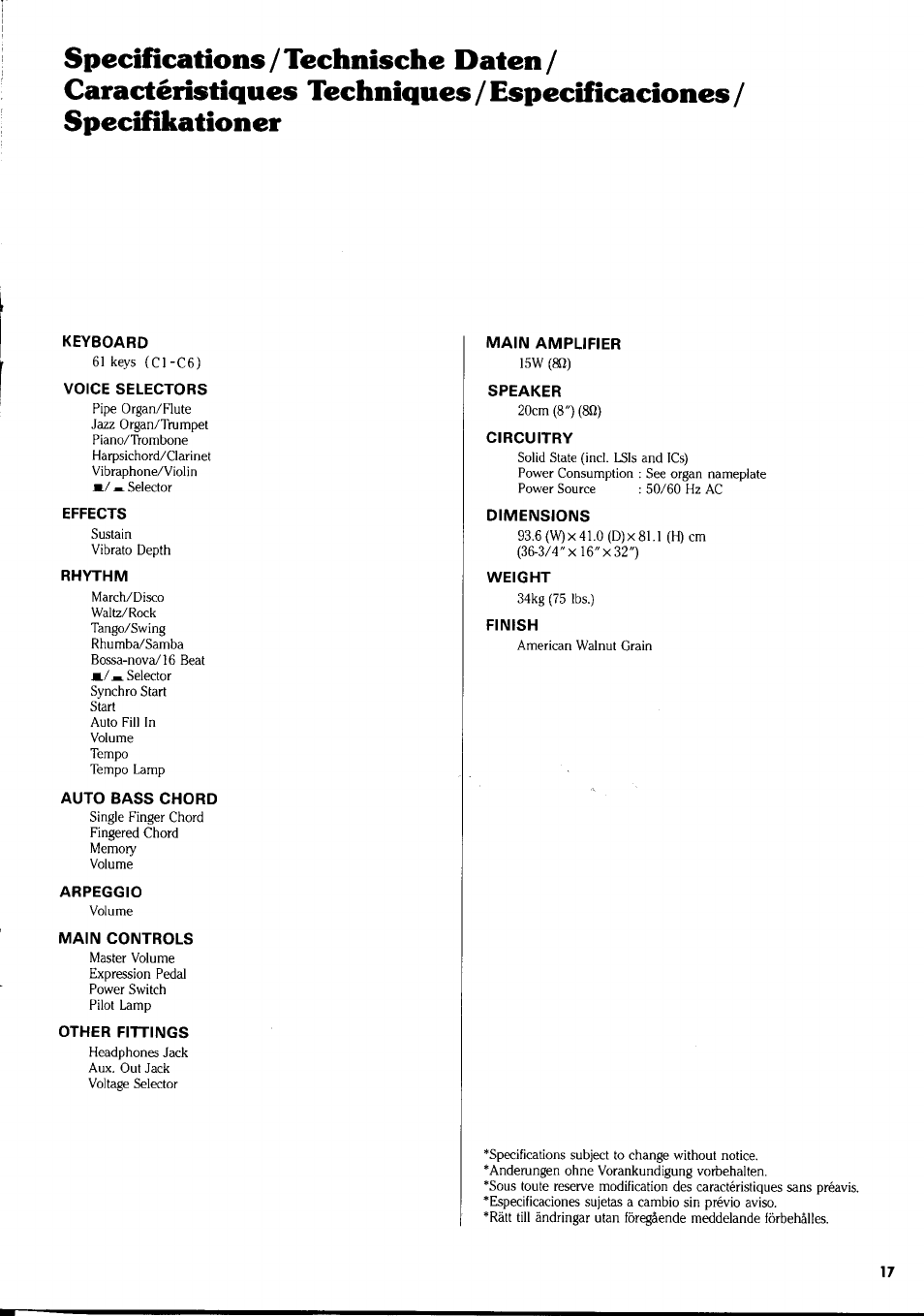 Keyboard, Voice selectors, Effects | Rhythm, Auto bass chord, Arpeggio, Main controls, Other fittings | Yamaha CNR-80 User Manual | Page 19 / 20