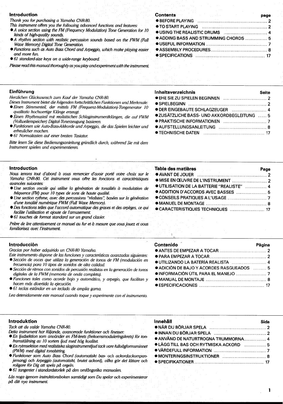 Introduction, Einführung, Introducción | Yamaha CNR-80 User Manual | Page 3 / 20