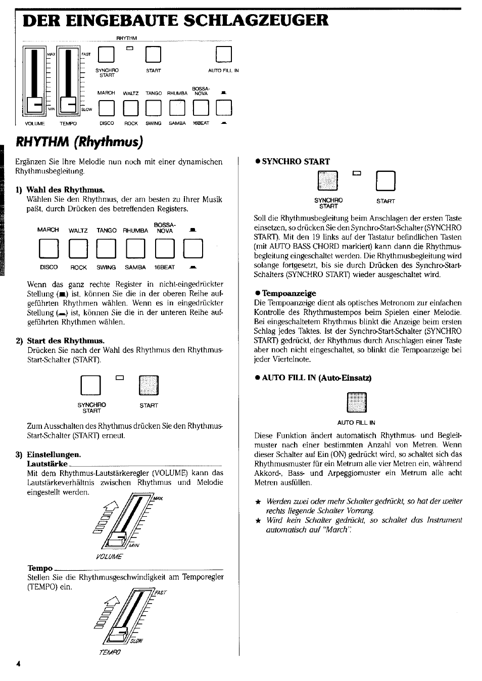 1) wahl des rhythmus, 2) start des rhythmus, 3) einstellungen | Synchro start, Tempoanzeige, Auto fill in (auto-einsatz), Der eingebaute schlagzeuger, Rhythm (rhythmus) | Yamaha CNR-80 User Manual | Page 6 / 20