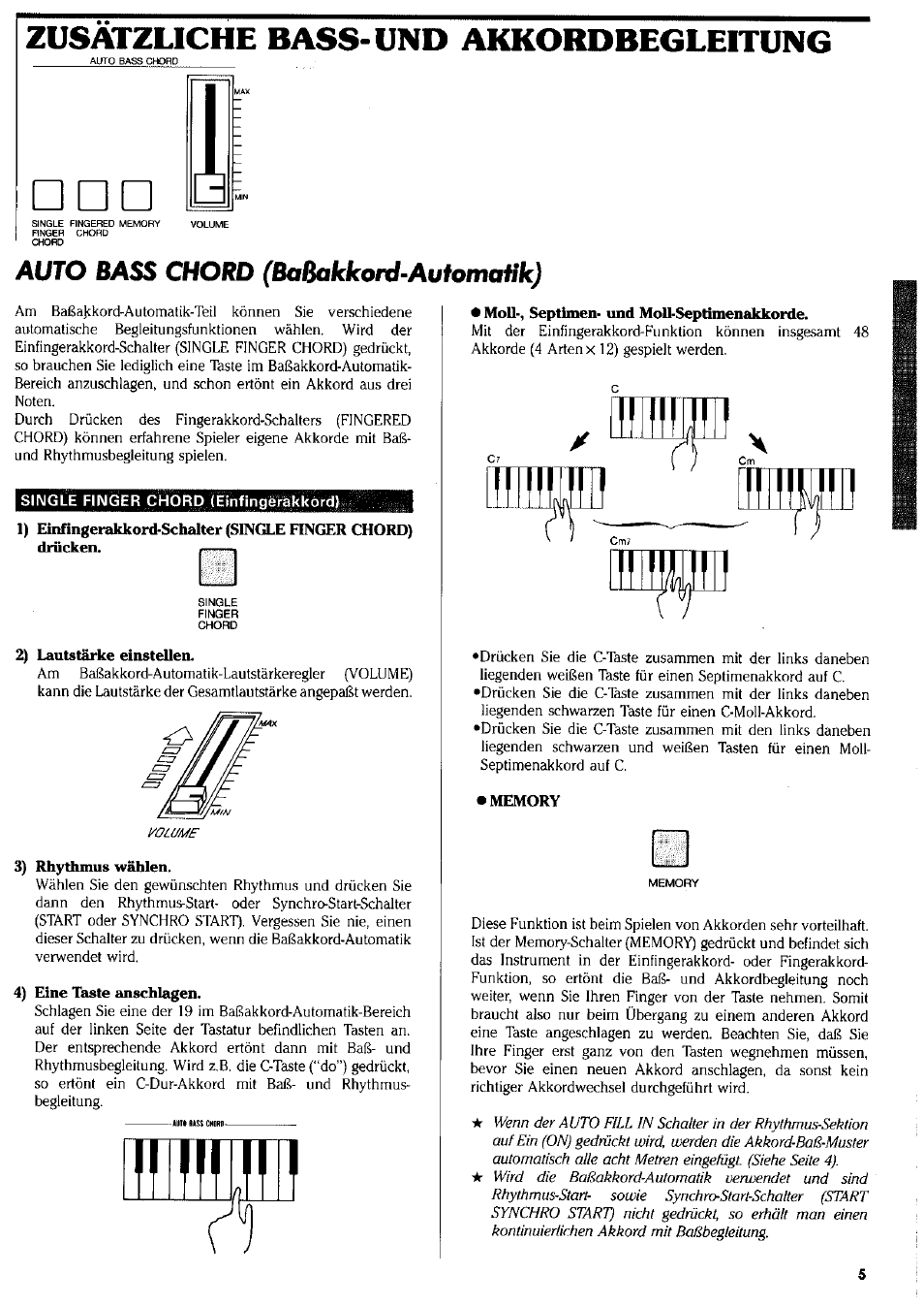 Single finger chord (einfingerakkord), Lautstärke einstellen, 3) rhythmus wählen | 4) eine taste anschlagen, Moll-, septimen- und moll-septimenakkorde, Memory, Zusätzliche bass-und akkordbegleitung, Auto bass chord (baßakkord-aufomafik) | Yamaha CNR-80 User Manual | Page 7 / 20
