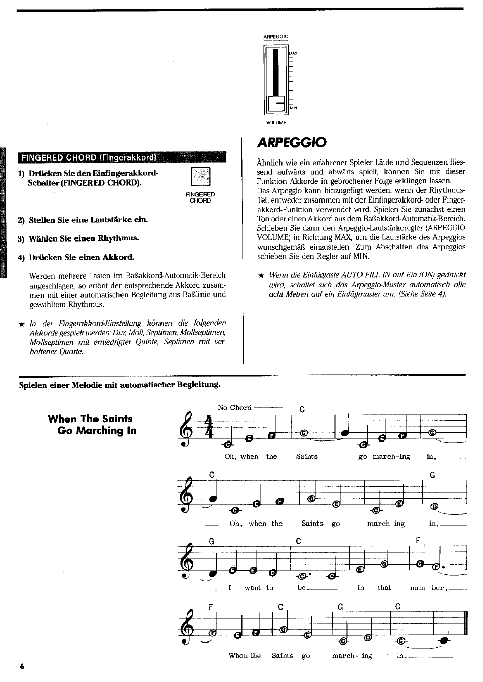 Rngereb chord (fingerakkord), 2) stellen sie eine lautstärke ein, 3) wählen sie einen rhythmus | 4) drücken sie einen akkord, Spielen einer melodie mit automatischer begleitung, Arpeggio | Yamaha CNR-80 User Manual | Page 8 / 20
