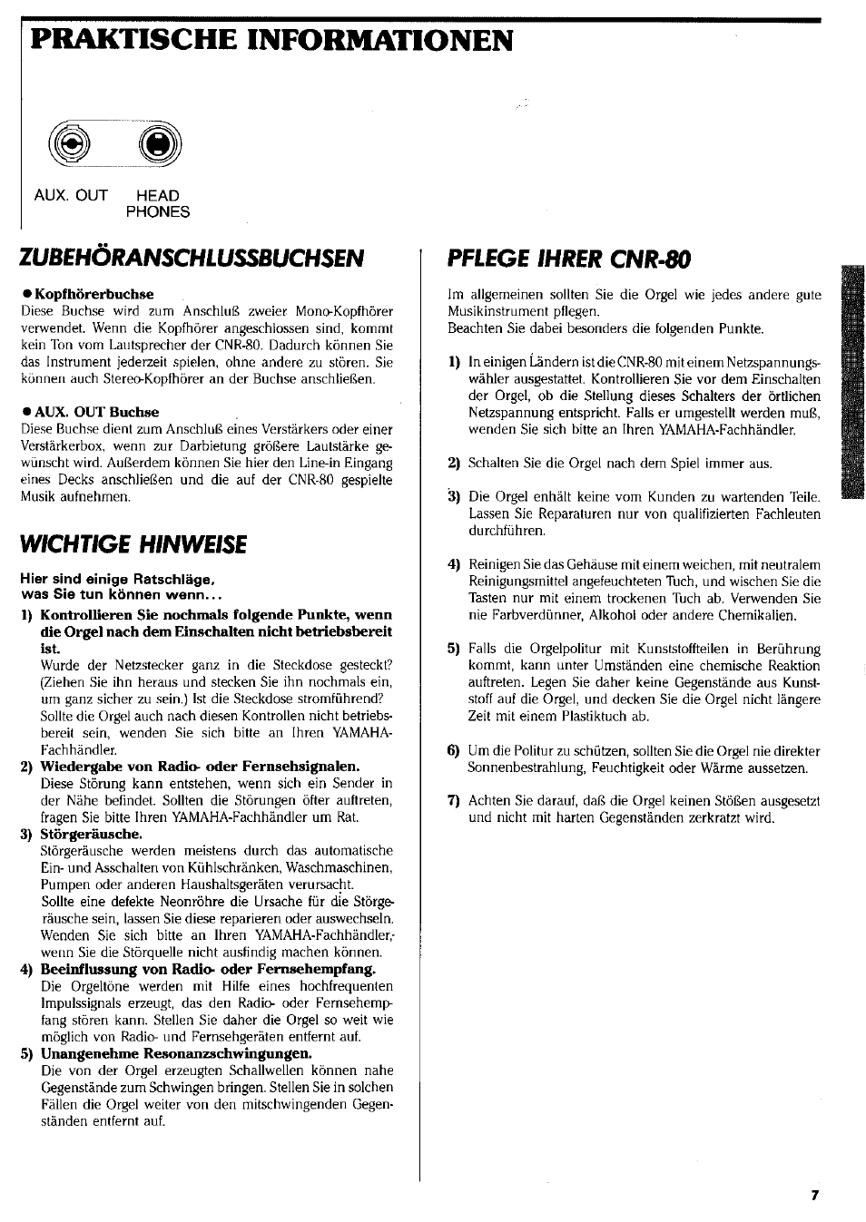 Praktische informationen, Zubehoranschlussbuchsen, Wichtige hinweise | Pflege ihrer cnr-80 | Yamaha CNR-80 User Manual | Page 9 / 20