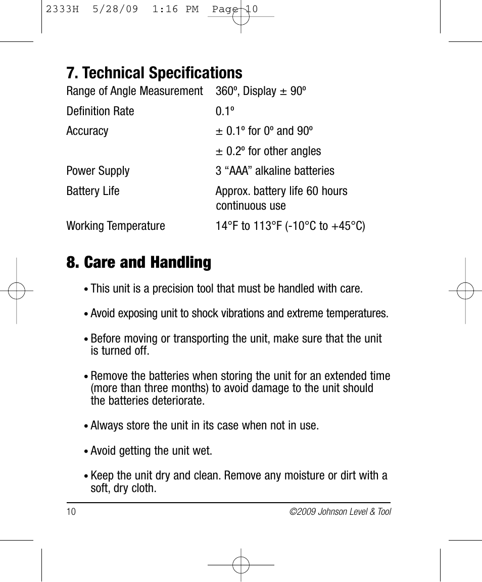 Technical specifications, Care and handling | Johnson Level & Tool Mfg. 40-6048 User Manual | Page 10 / 12