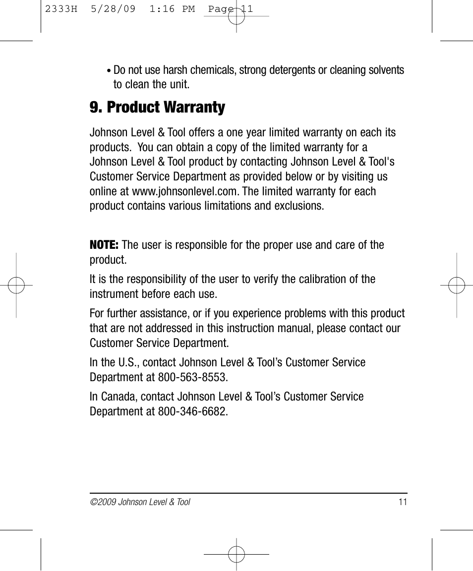 Product warranty | Johnson Level & Tool Mfg. 40-6048 User Manual | Page 11 / 12