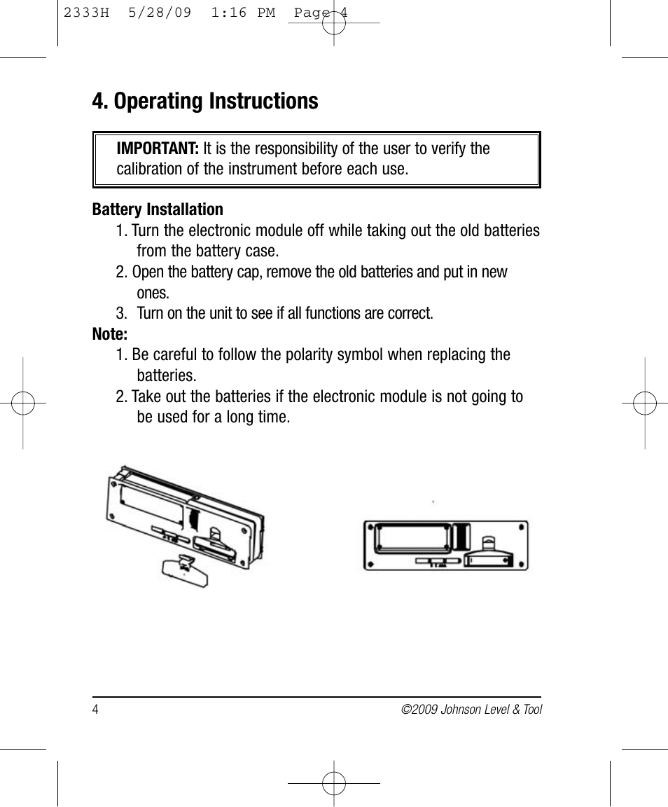 Operating instructions | Johnson Level & Tool Mfg. 40-6048 User Manual | Page 4 / 12