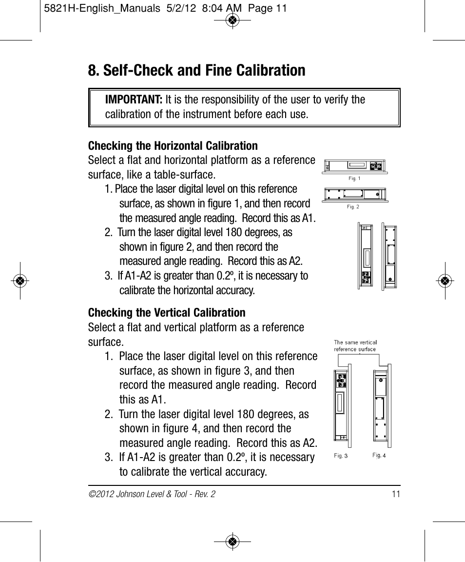 Self-check and fine calibration | Johnson Level & Tool Mfg. 40-6080 User Manual | Page 11 / 16