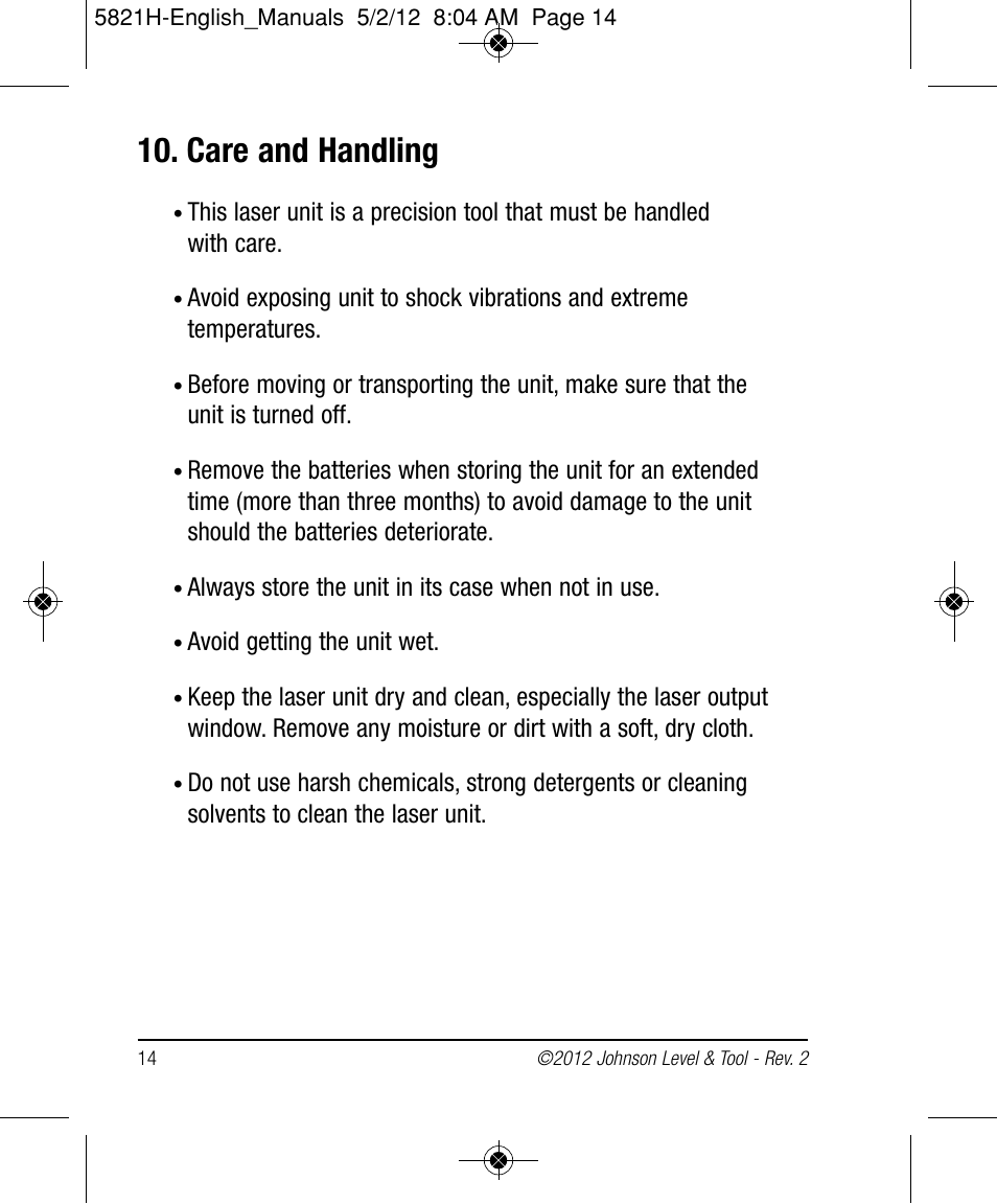 Care and handling | Johnson Level & Tool Mfg. 40-6080 User Manual | Page 14 / 16