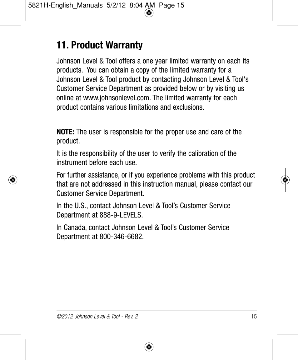 Product warranty | Johnson Level & Tool Mfg. 40-6080 User Manual | Page 15 / 16