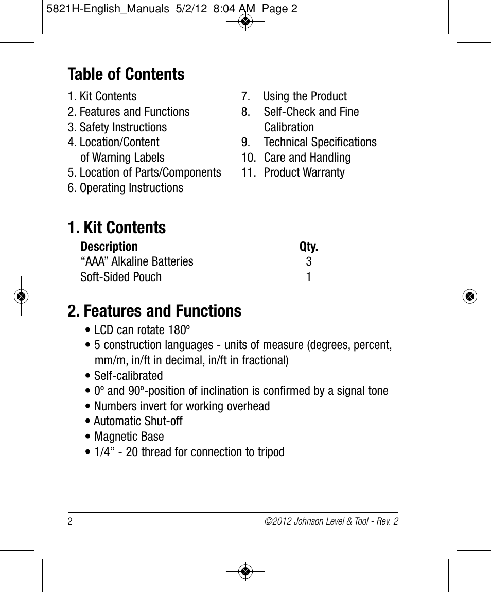 Johnson Level & Tool Mfg. 40-6080 User Manual | Page 2 / 16