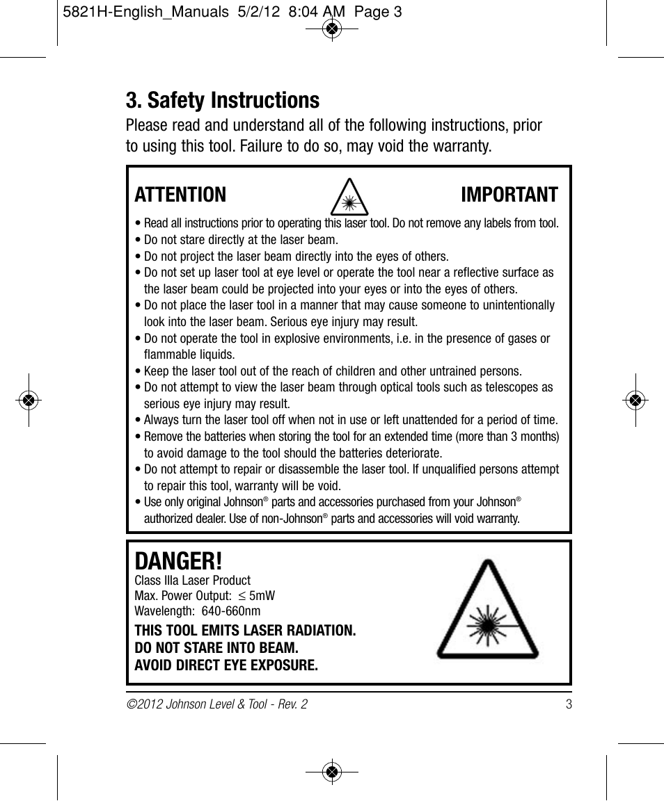 Danger, Safety instructions, Attention important | Johnson Level & Tool Mfg. 40-6080 User Manual | Page 3 / 16