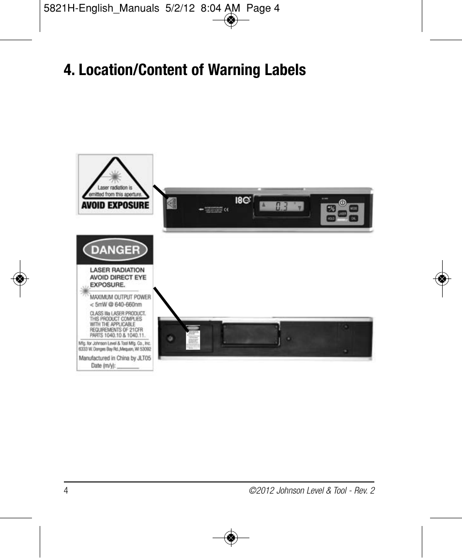 Location/content of warning labels | Johnson Level & Tool Mfg. 40-6080 User Manual | Page 4 / 16