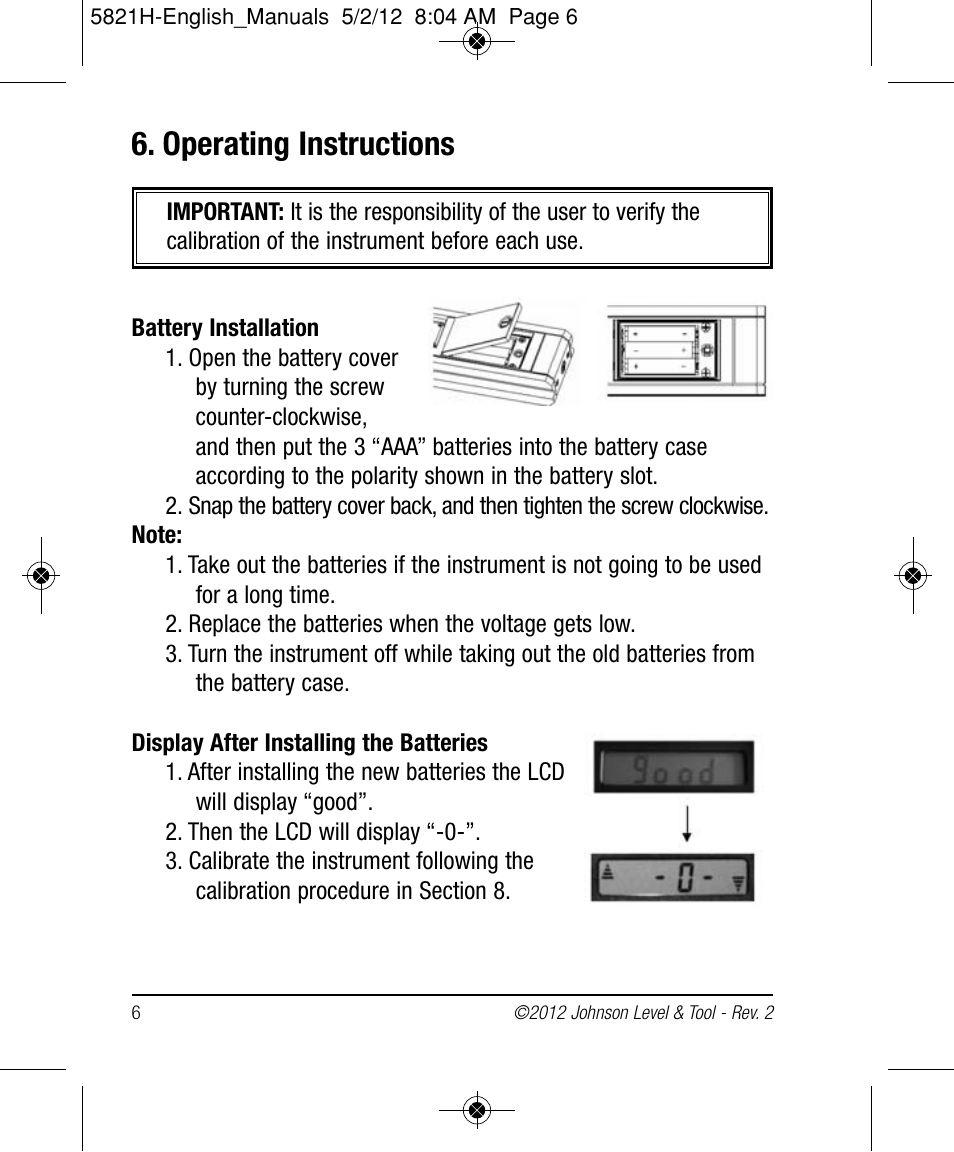 Operating instructions | Johnson Level & Tool Mfg. 40-6080 User Manual | Page 6 / 16