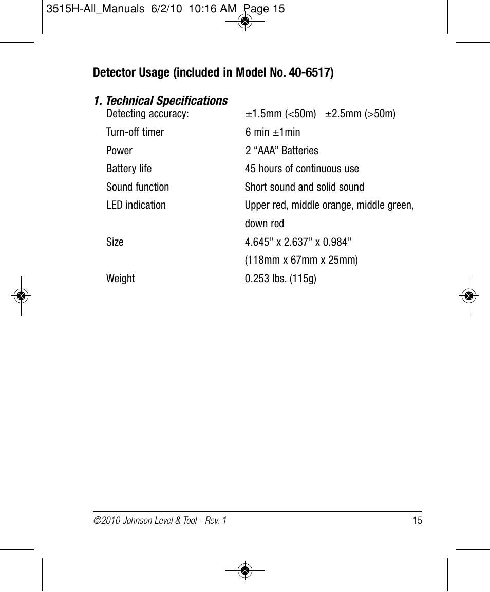 Johnson Level & Tool Mfg. 40-6517 User Manual | Page 15 / 84