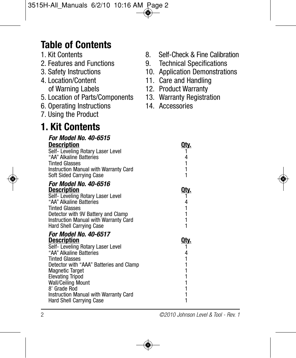 Johnson Level & Tool Mfg. 40-6517 User Manual | Page 2 / 84