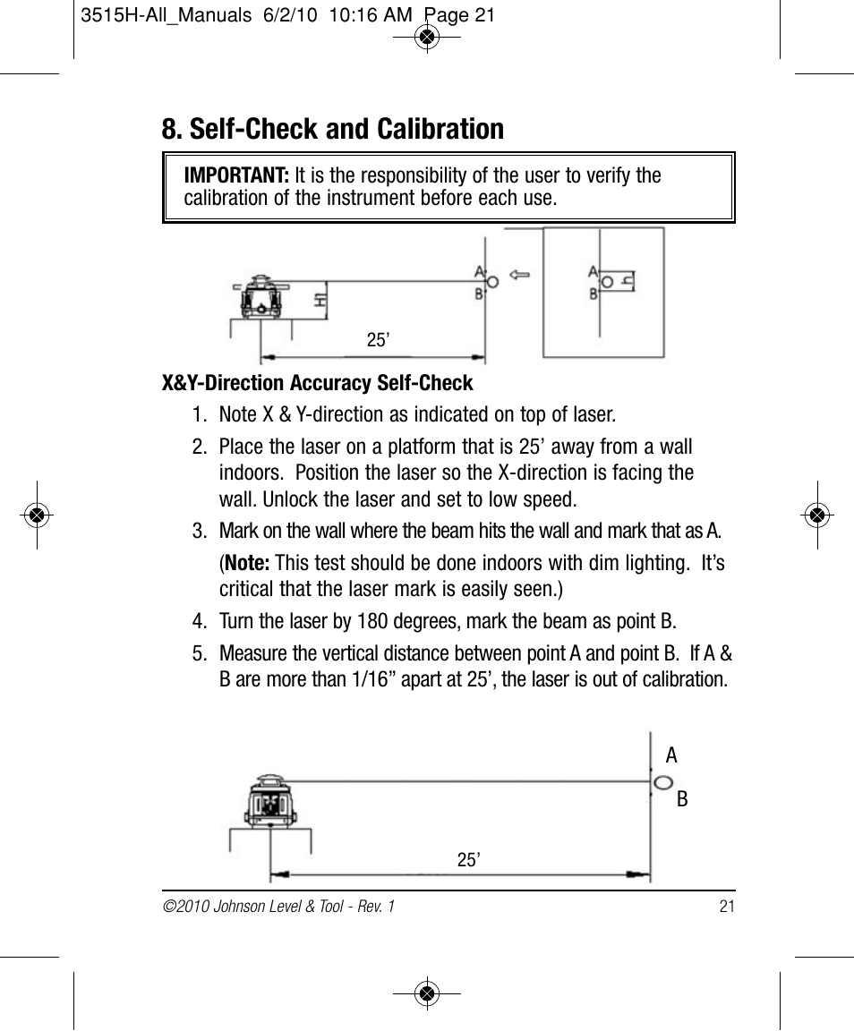 Self-check and calibration | Johnson Level & Tool Mfg. 40-6517 User Manual | Page 21 / 84