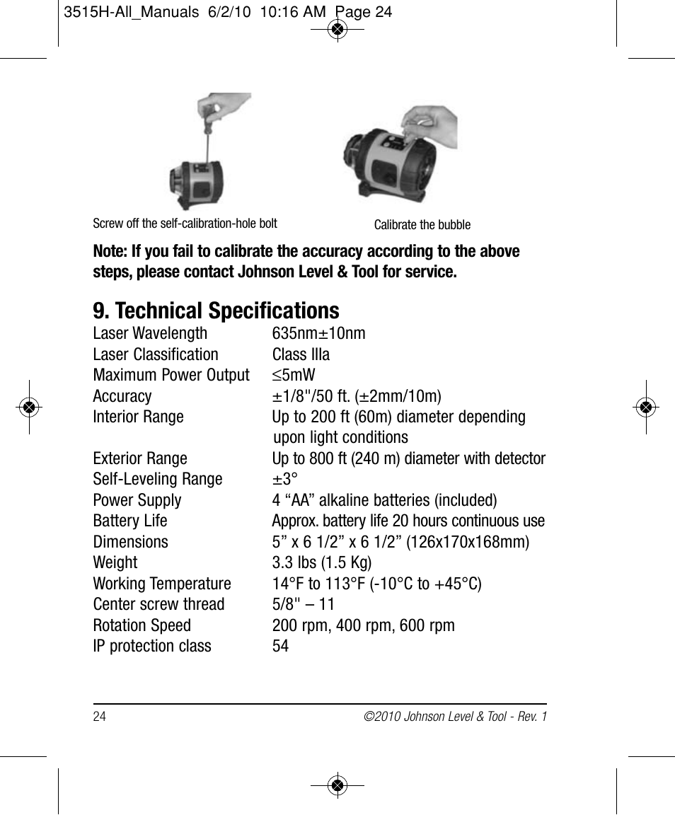 Technical specifications | Johnson Level & Tool Mfg. 40-6517 User Manual | Page 24 / 84
