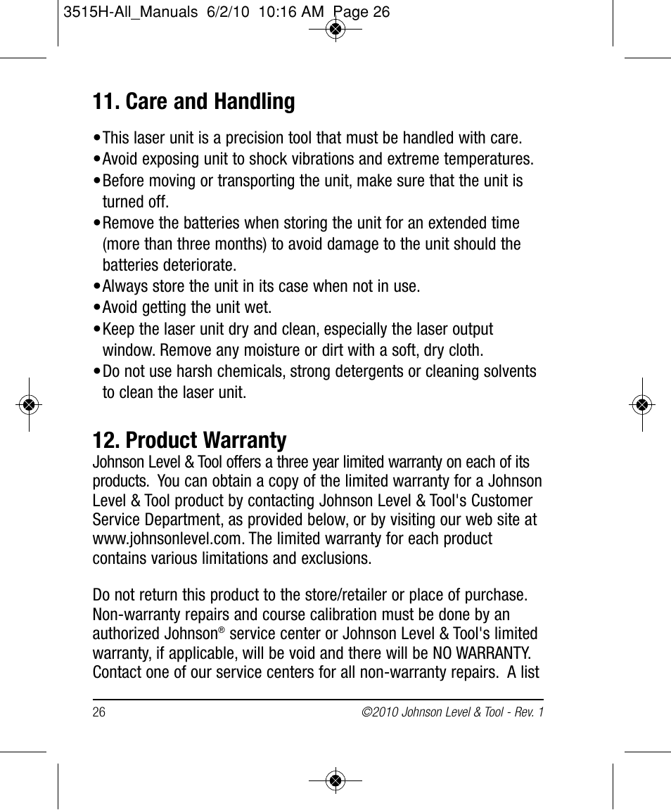 Care and handling, Product warranty | Johnson Level & Tool Mfg. 40-6517 User Manual | Page 26 / 84