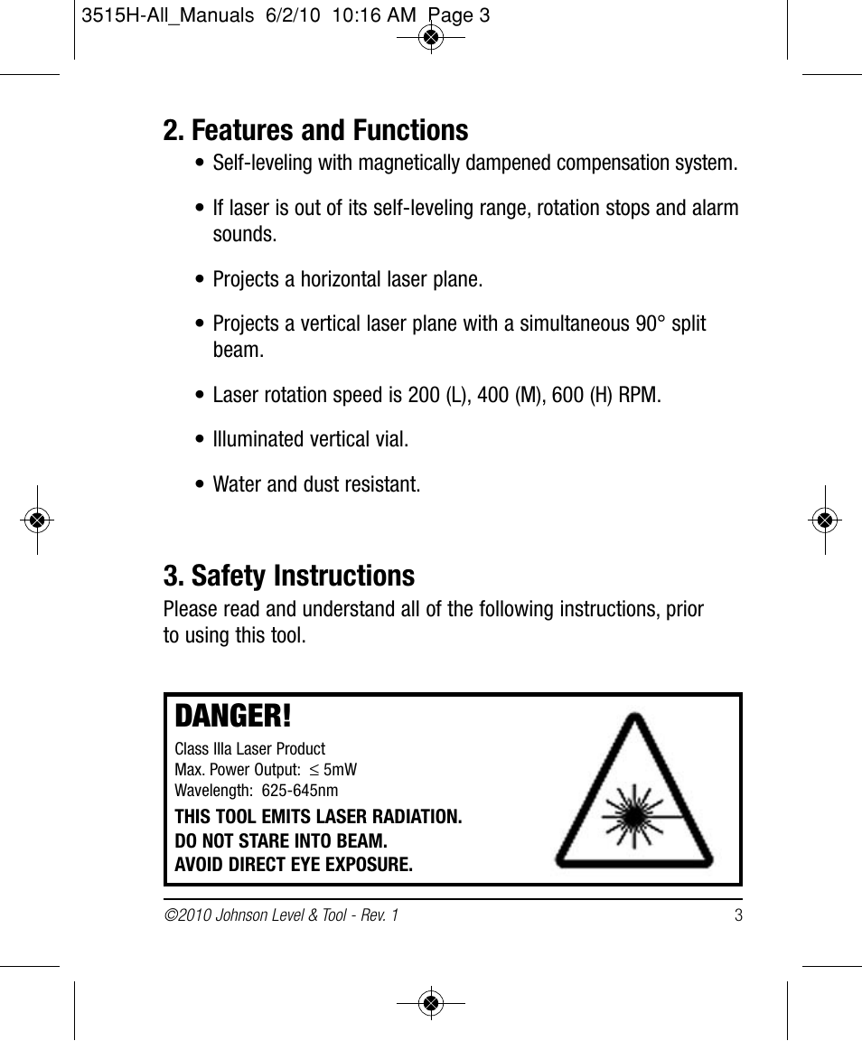 Danger, Features and functions, Safety instructions | Johnson Level & Tool Mfg. 40-6517 User Manual | Page 3 / 84