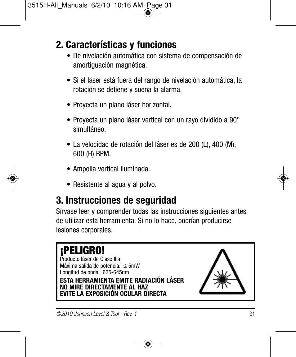 Peligro, Características y funciones, Instrucciones de seguridad | Johnson Level & Tool Mfg. 40-6517 User Manual | Page 31 / 84