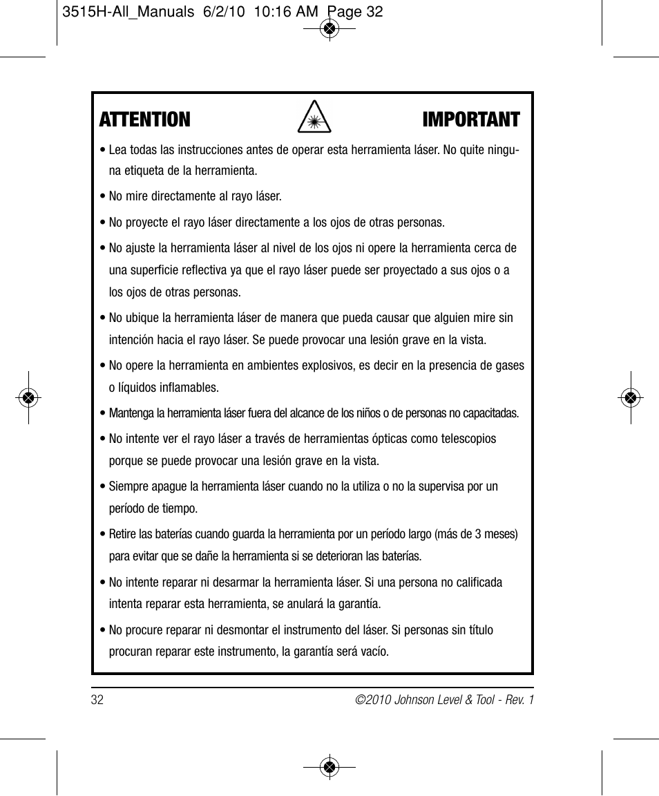Attention important | Johnson Level & Tool Mfg. 40-6517 User Manual | Page 32 / 84