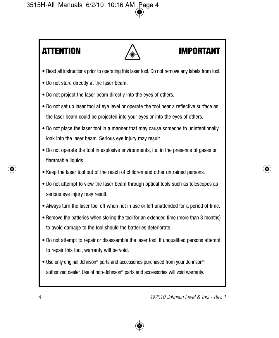 Attention important | Johnson Level & Tool Mfg. 40-6517 User Manual | Page 4 / 84