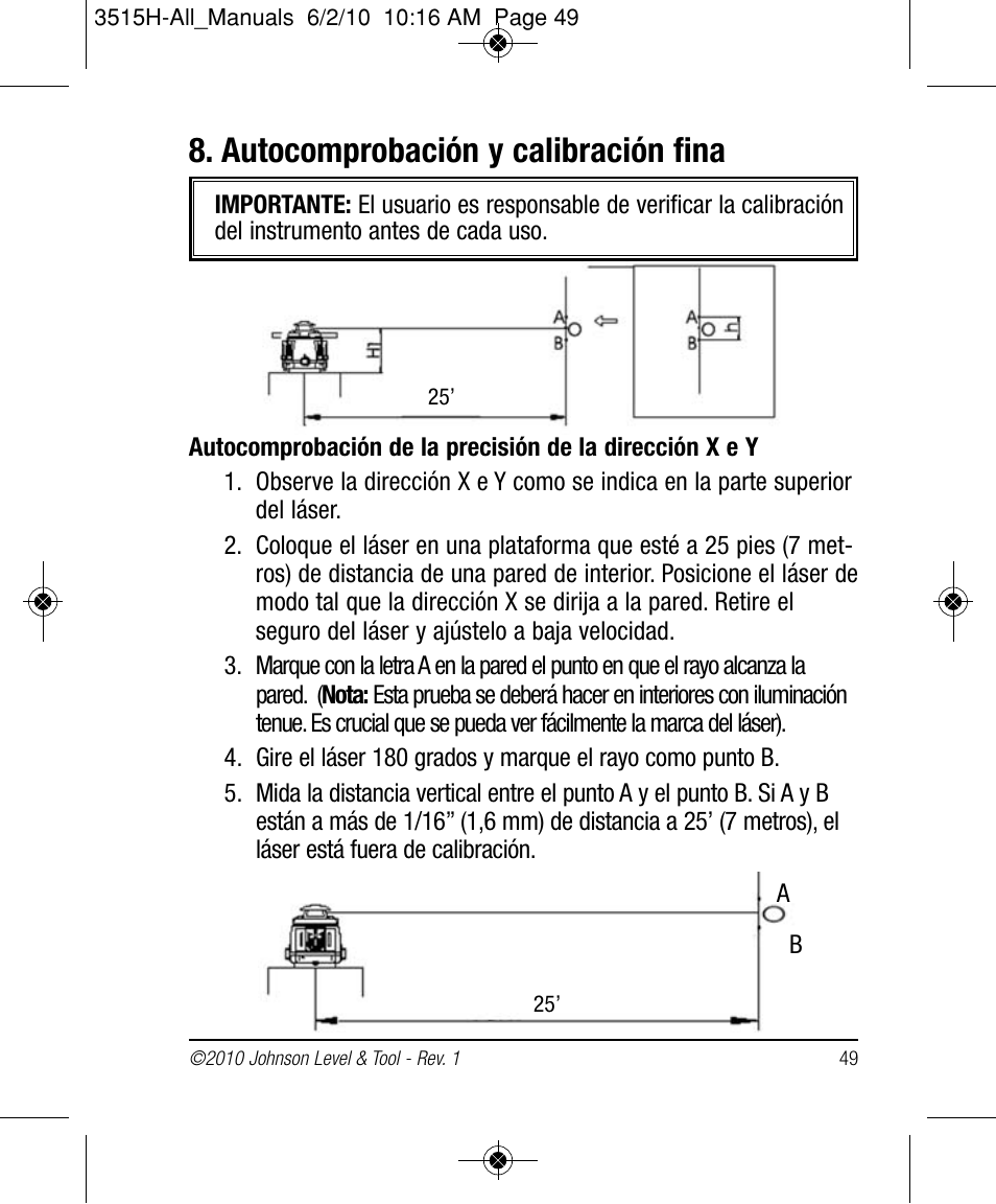 Autocomprobación y calibración fina | Johnson Level & Tool Mfg. 40-6517 User Manual | Page 49 / 84