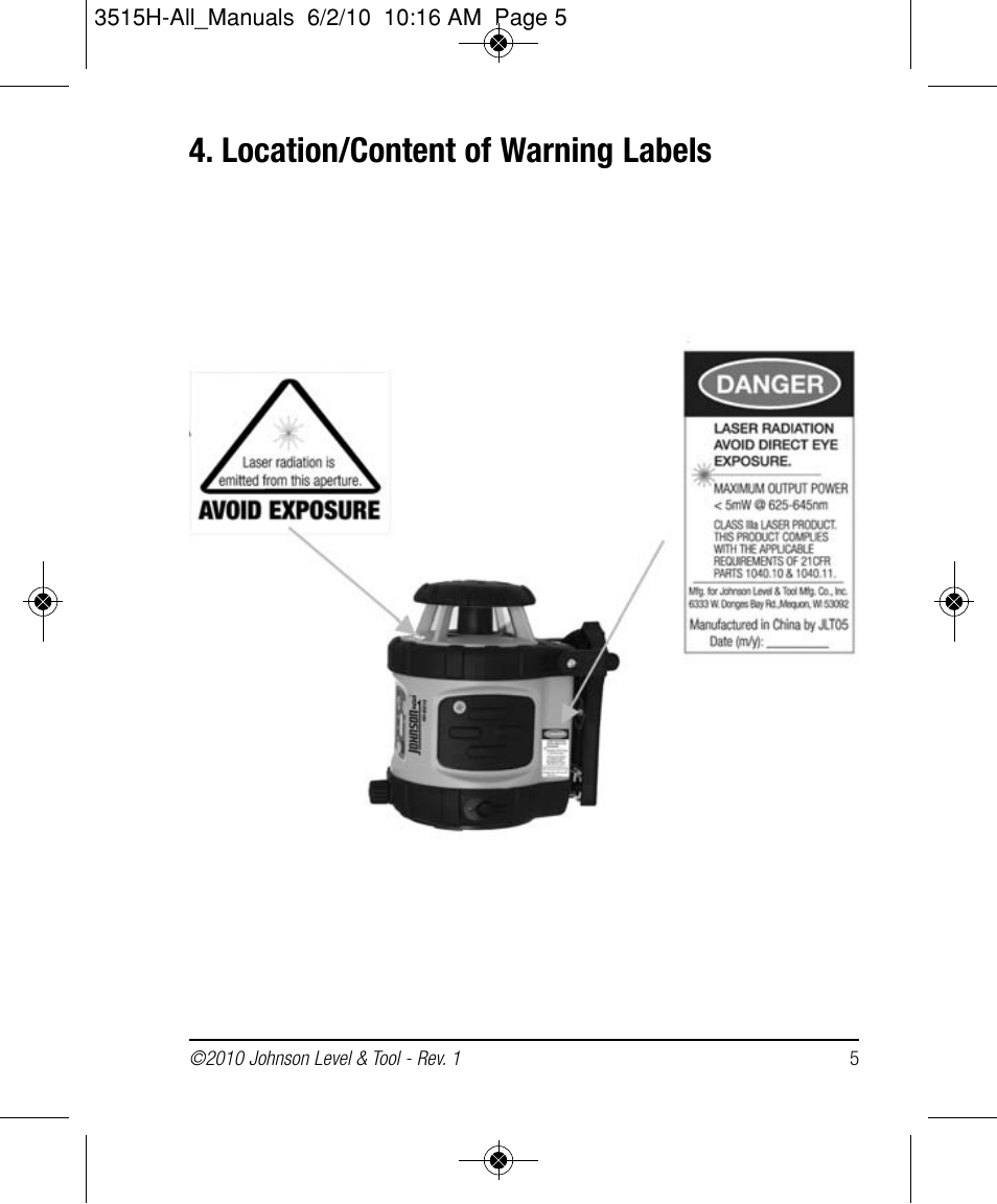 Location/content of warning labels | Johnson Level & Tool Mfg. 40-6517 User Manual | Page 5 / 84