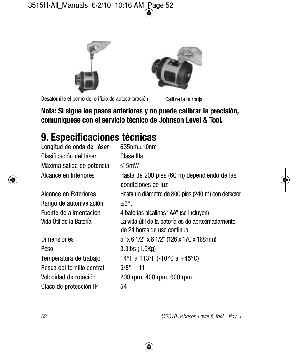 Especificaciones técnicas | Johnson Level & Tool Mfg. 40-6517 User Manual | Page 52 / 84